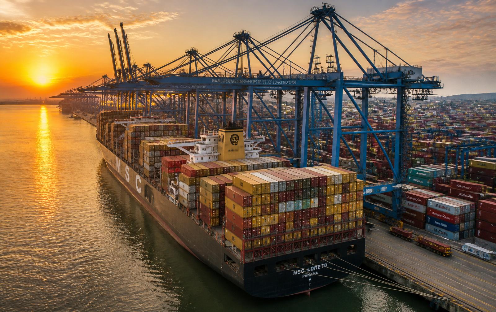 Container ship at an Indian port exporting pharmaceutical cargo globally