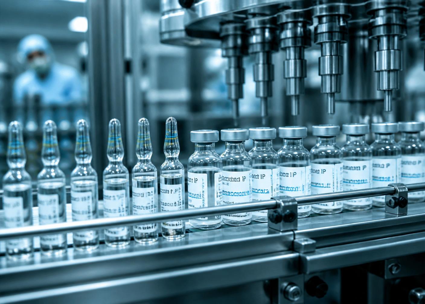 Sterile injectable vials on an Indian pharmaceutical filling line